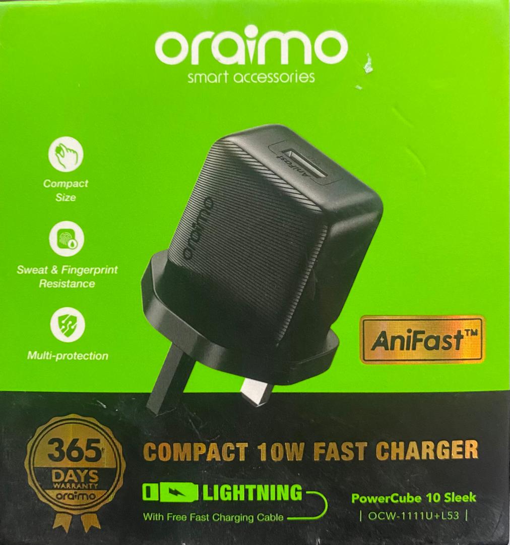 Oraimo Compact 10w fast charger, Power cube 10 sleek (ocw-1111u + l53) lightning