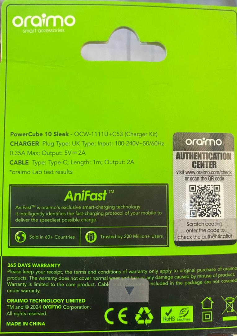 Oraimo compac t 10w fast charger, power cube 10 sleek (ocw-1111u + c53)