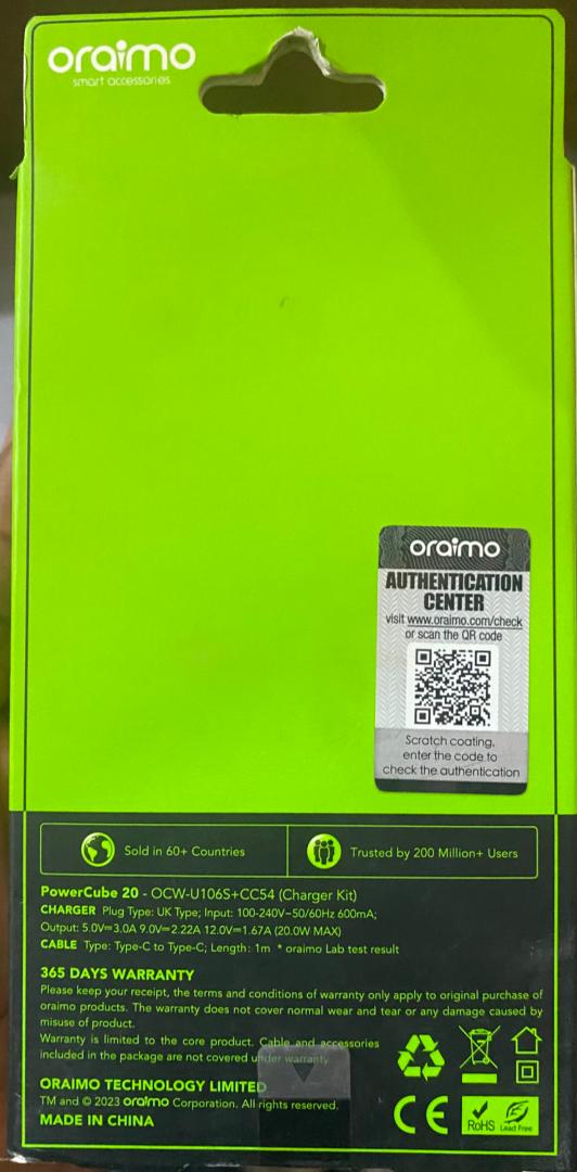 Oraimo 20w PD fast charging, power cube 20 ( OCW U1065+CC54)