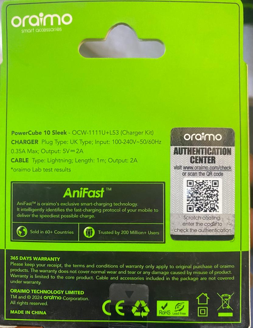 Oraimo Compact 10w fast charger, Power cube 10 sleek (ocw-1111u + l53) lightning