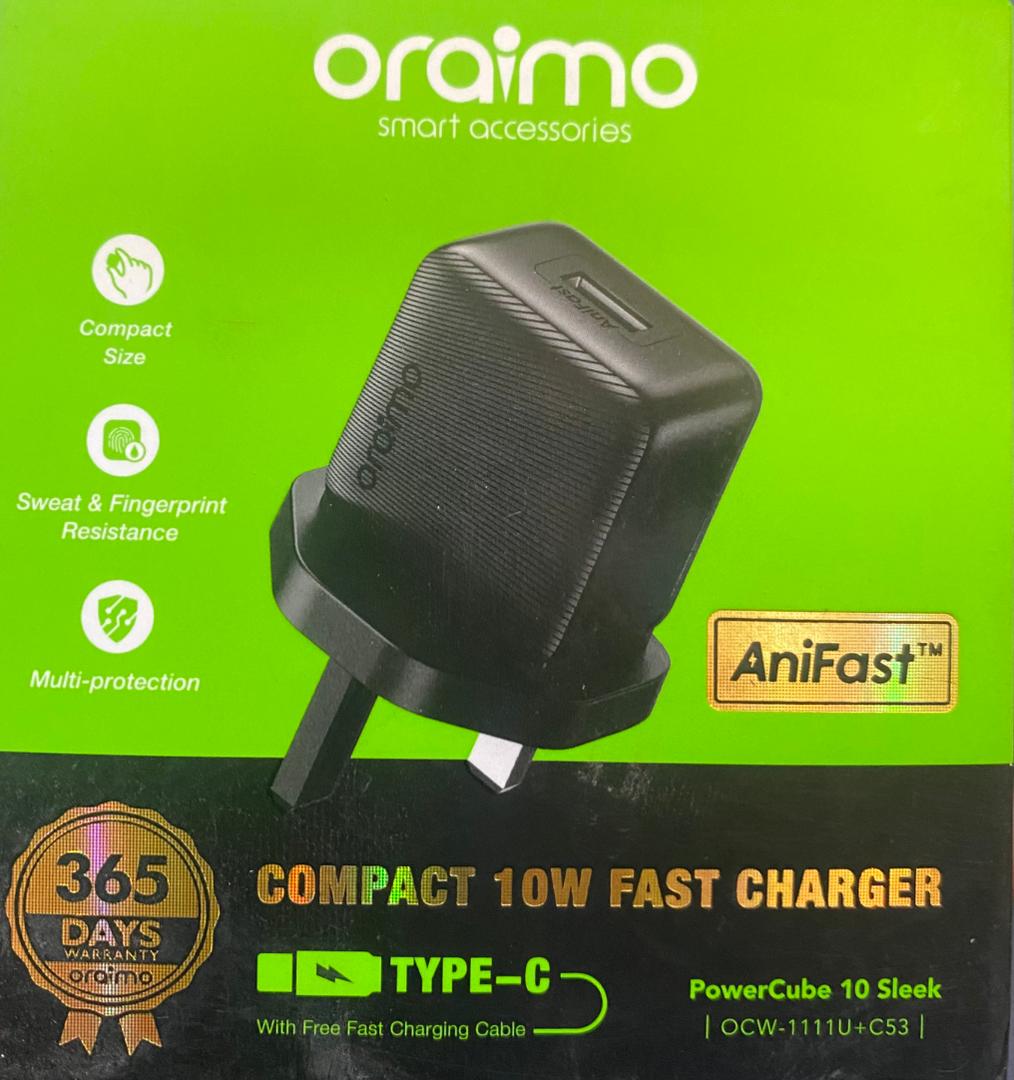 Oraimo compac t 10w fast charger, power cube 10 sleek (ocw-1111u + c53)