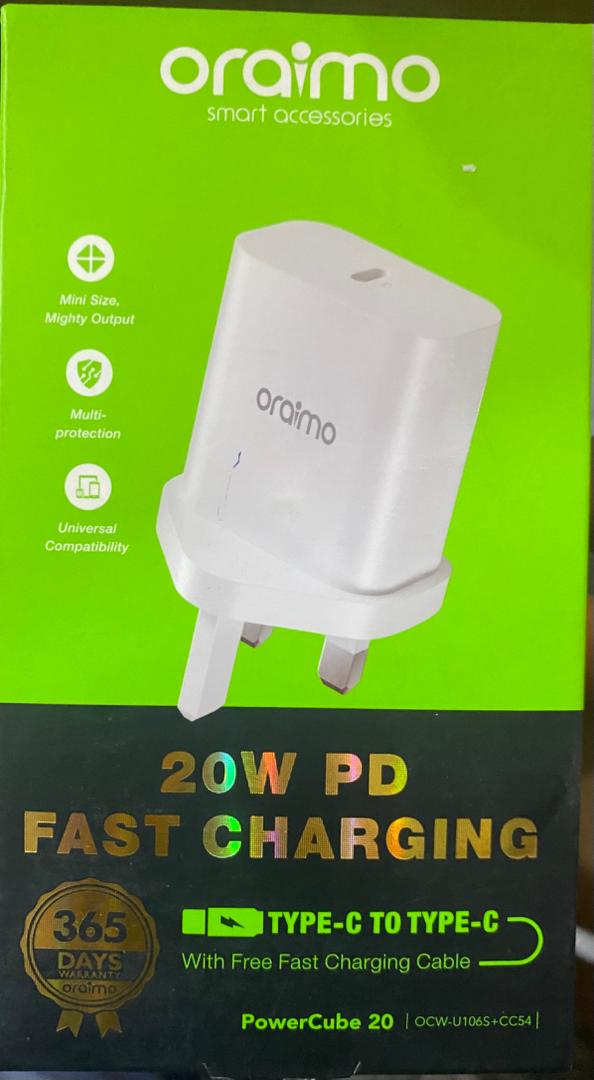 Oraimo 20w PD fast charging, power cube 20 ( OCW U1065+CC54)